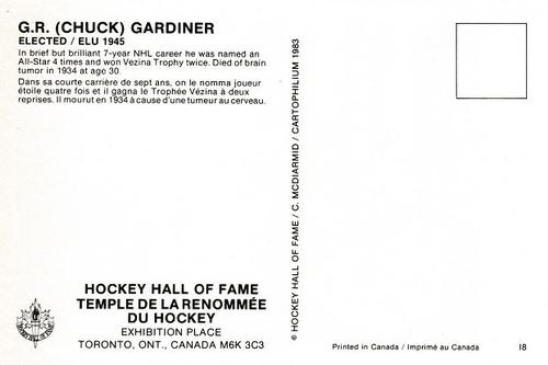 1983 Cartophilium Hockey Hall of Fame Postcards #I8 Chuck Gardiner Back