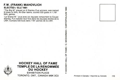 1983 Cartophilium Hockey Hall of Fame Postcards #I10 Frank Mahovlich Back