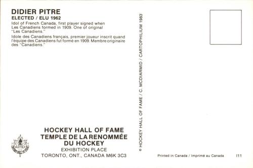 1983 Cartophilium Hockey Hall of Fame Postcards #I11 Didier Pitre Back
