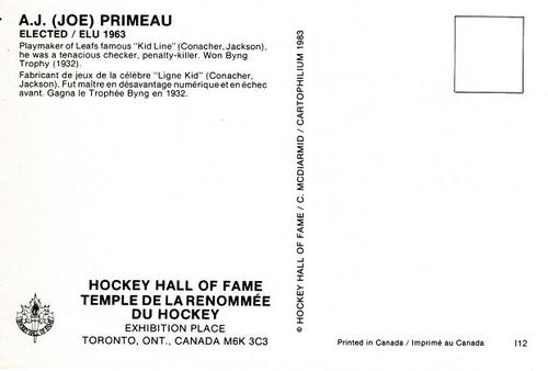 1983 Cartophilium Hockey Hall of Fame Postcards #I12 Joe Primeau Back