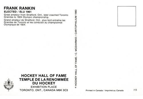 1983 Cartophilium Hockey Hall of Fame Postcards #I13 Frank Rankin Back