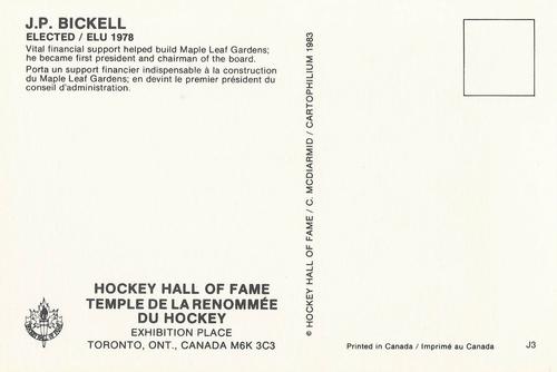 1983 Cartophilium Hockey Hall of Fame Postcards #J3 J.P. Bickell Back