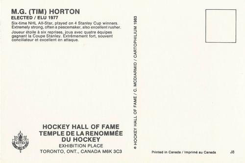 1983 Cartophilium Hockey Hall of Fame Postcards #J8 Tim Horton Back