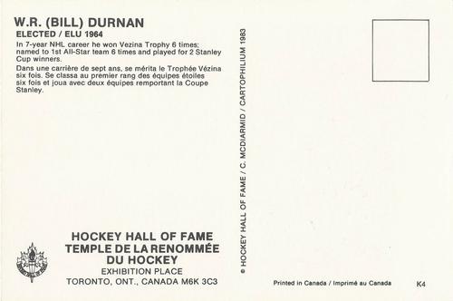 1983 Cartophilium Hockey Hall of Fame Postcards #K4 Bill Durnan Back