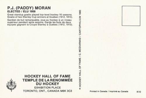 1983 Cartophilium Hockey Hall of Fame Postcards #K10 Paddy Moran Back