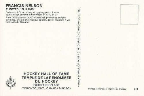 1983 Cartophilium Hockey Hall of Fame Postcards #L11 Francis Nelson Back