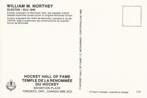 1983 Cartophilium Hockey Hall of Fame Postcards #L12 William M. Northey Back