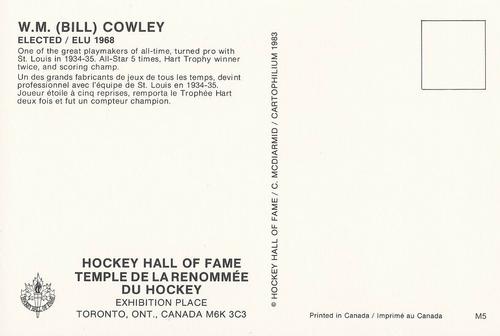 1983 Cartophilium Hockey Hall of Fame Postcards #M5 Bill Cowley Back