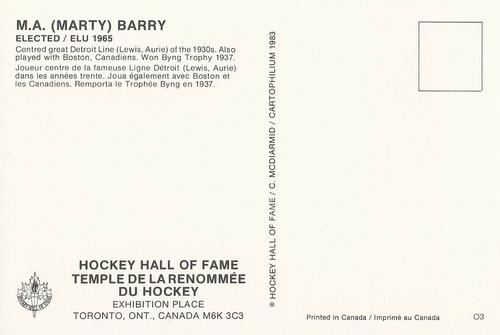 1983 Cartophilium Hockey Hall of Fame Postcards #O3 Marty Barry Back