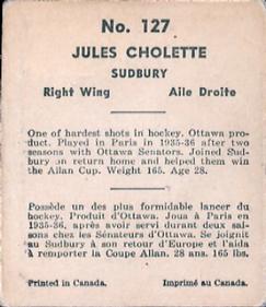 1937-38 World Wide Gum (V356) #127 Jules Cholette Back