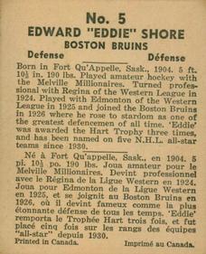 1937-38 World Wide Gum (V356) #5 Eddie Shore Back