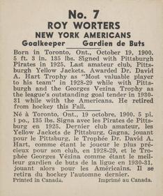 1937-38 World Wide Gum (V356) #7 Roy Worters Back