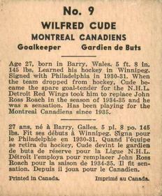 1937-38 World Wide Gum (V356) #9 Wilfred Cude Back