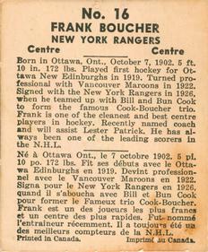 1937-38 World Wide Gum (V356) #16 Frank Boucher Back