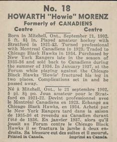1937-38 World Wide Gum (V356) #18 Howie Morenz Back