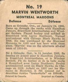 1937-38 World Wide Gum (V356) #19 Marvin Wentworth Back