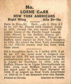 1937-38 World Wide Gum (V356) #26 Lorne Carr Back