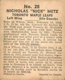 1937-38 World Wide Gum (V356) #28 Nick Metz Back