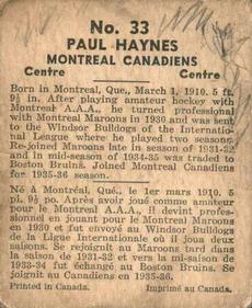 1937-38 World Wide Gum (V356) #33 Paul Haynes Back
