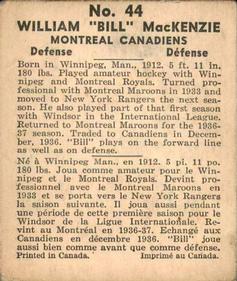 1937-38 World Wide Gum (V356) #44 Bill MacKenzie Back