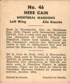 1937-38 World Wide Gum (V356) #46 Herbie Cain Back