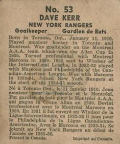 1937-38 World Wide Gum (V356) #53 Dave Kerr Back