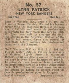 1937-38 World Wide Gum (V356) #57 Lynn Patrick Back