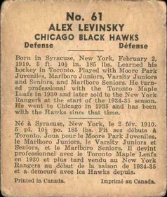 1937-38 World Wide Gum (V356) #61 Alex Levinsky Back