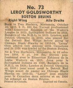 1937-38 World Wide Gum (V356) #73 Leroy Goldsworthy Back