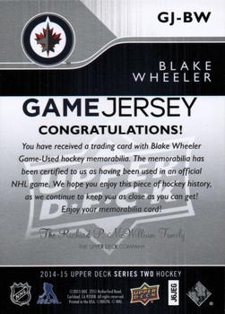 2014-15 Upper Deck - Game Jerseys #GJ-BW Blake Wheeler Back