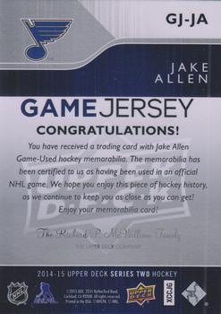 2014-15 Upper Deck - Game Jerseys #GJ-JA Jake Allen Back