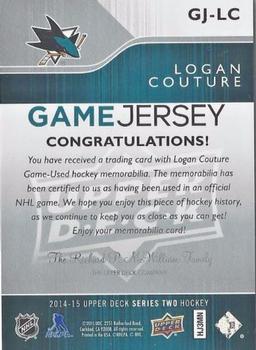 2014-15 Upper Deck - Game Jerseys #GJ-LC Logan Couture Back