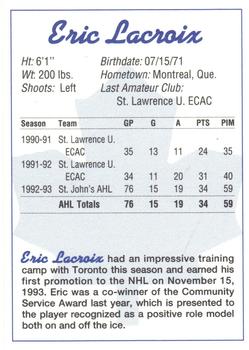 1993-94 St. John's Maple Leafs (AHL) #NNO Eric Lacroix Back