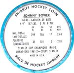1962-63 Shirriff Coins #1 Johnny Bower Back