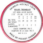 1962-63 Shirriff Coins #24 Gilles Tremblay Back
