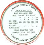 1962-63 Shirriff Coins #35 Claude Provost Back