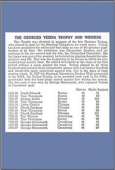 1934-43 Bee Hive Hockey Photos (Group 1) #NNO Georges Vezina Trophy Back