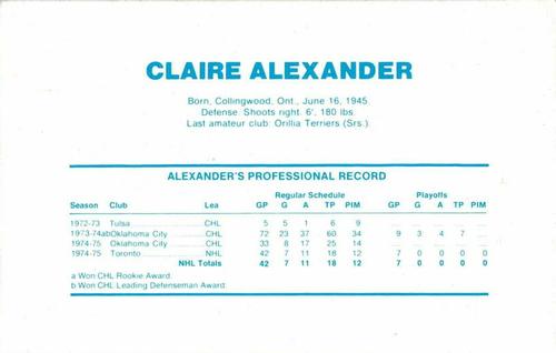1975-76 Toronto Maple Leafs #NNO Claire Alexander Back