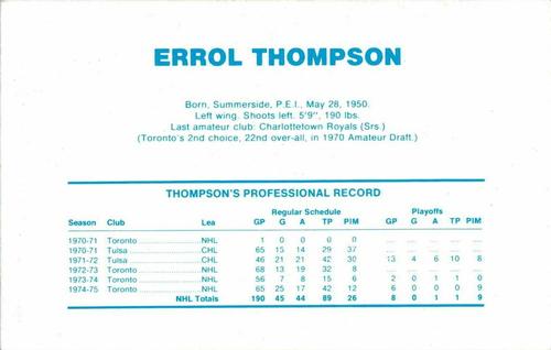 1975-76 Toronto Maple Leafs #NNO Errol Thompson Back