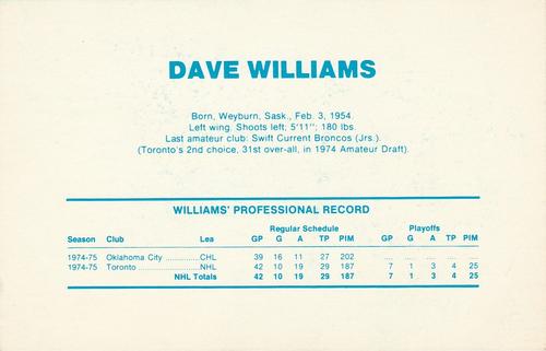 1975-76 Toronto Maple Leafs #NNO Dave Williams Back