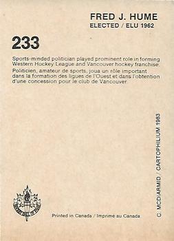 1985 Cartophilium Hockey Hall of Fame #233 Fred J. Hume Back