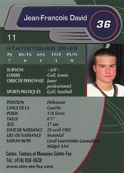 1999-00 Cartes, Timbres et Monnaies Sainte-Foy Shawinigan Cataractes (QMJHL) #11 Jean-Francois David Back