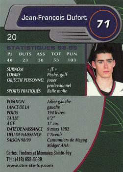 1999-00 Cartes, Timbres et Monnaies Sainte-Foy Shawinigan Cataractes (QMJHL) #20 Jean-Francois Dufort Back