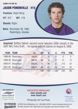 2002-03 Choice Rochester Americans (AHL) #19 Jason Pominville Back