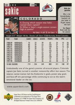 1998-99 UD Choice - Choice Reserve #59 Joe Sakic Back