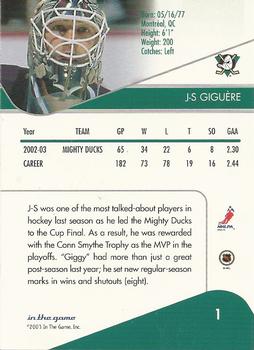 2003-04 In The Game Toronto Star #1 Jean-Sebastien Giguere Back