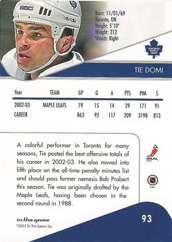 2003-04 In The Game Toronto Star #93 Tie Domi Back