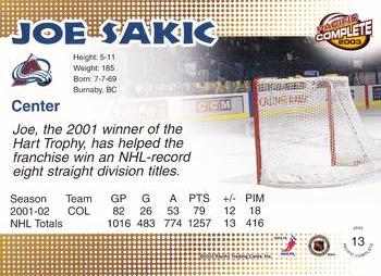 2002-03 Pacific Crown Royale - 2002-03 Pacific Complete #13 Joe Sakic Back