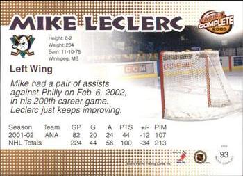 2002-03 Pacific Crown Royale - 2002-03 Pacific Complete #93 Mike Leclerc Back