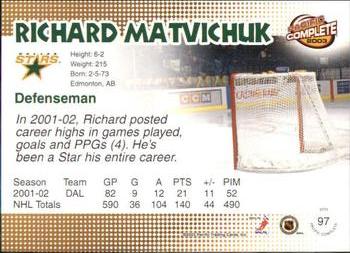 2002-03 Pacific Crown Royale - 2002-03 Pacific Complete #97 Richard Matvichuk Back